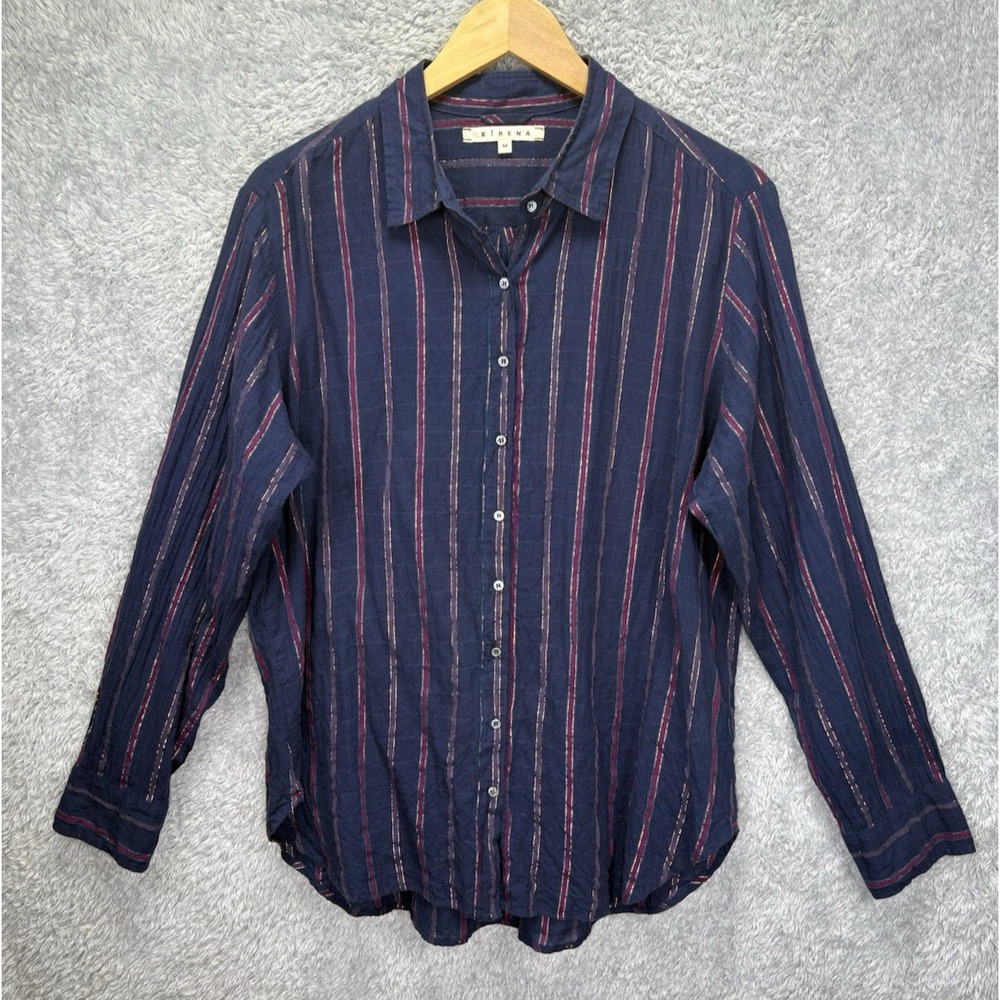 Xirena Women's M Navy Stripe Button Up Shirt Long Sleeve Boho Metallic